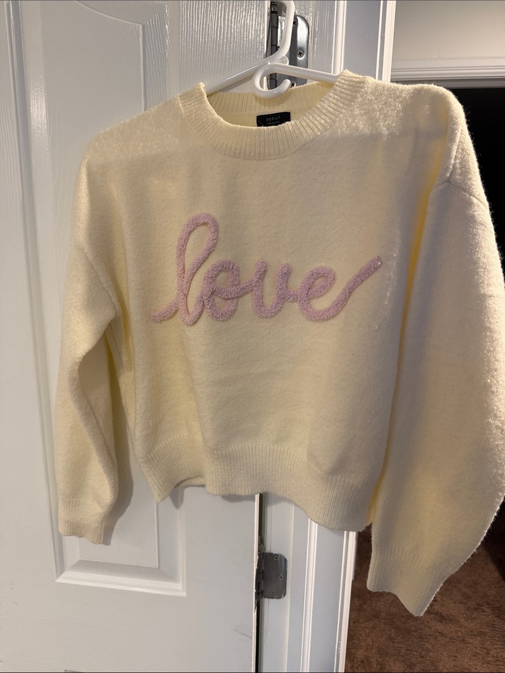 Debut Cream 'Love' Crewneck Sweater with Pink Script